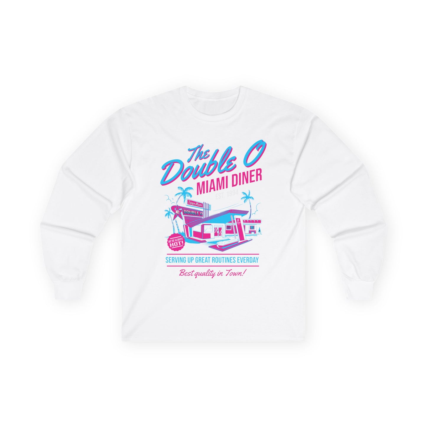 Miami Diner Retro Long Sleeve Tee — "The Double O" Vintage 80s Palm Beach Design - TGProShop